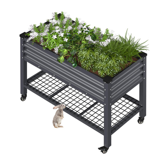 BlueWish 48" W x 24" D x 34" H Outdoor Galvanized Garden Bed, Elevate Raised Bed with Detachable Black Liner, Rolling Casters, Storage Shelf, Planter Boxes for Gardening, Vegetable, Flower, Grey