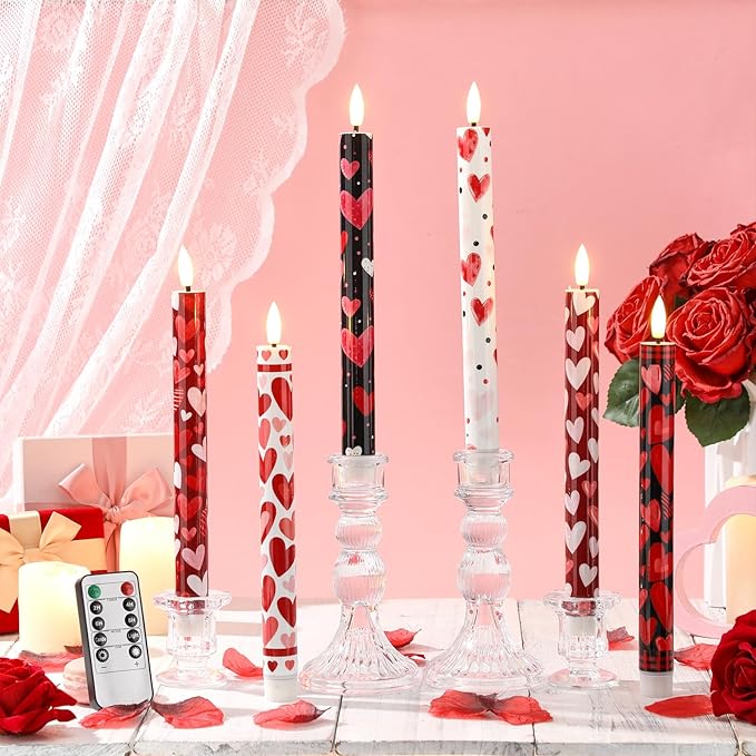 6 Pcs Valentines Day LED Flameless Candle Set Valentine Day Flameless Taper Candles with Heart Battery Operated Seasonal Celebration with Remote for Wedding Romantic Night
