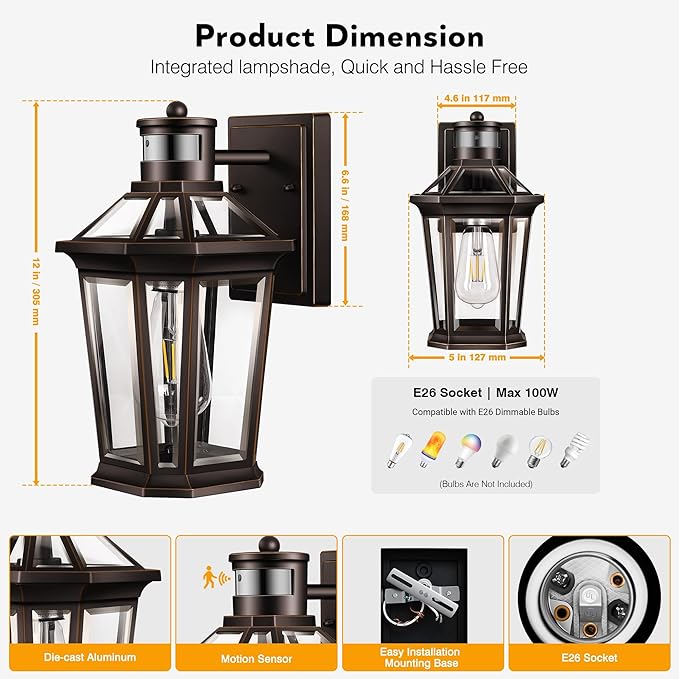 VIANIS Outdoor Motion Sensor Porch Light, Dusk to Dawn Outdoor Lighting Wall Sconce, Aluminum Oil Rubbed Bronze Gold Trim Exterior Lighting Fixtures, Weatherproof Outside Wall Lights for House, Patio
