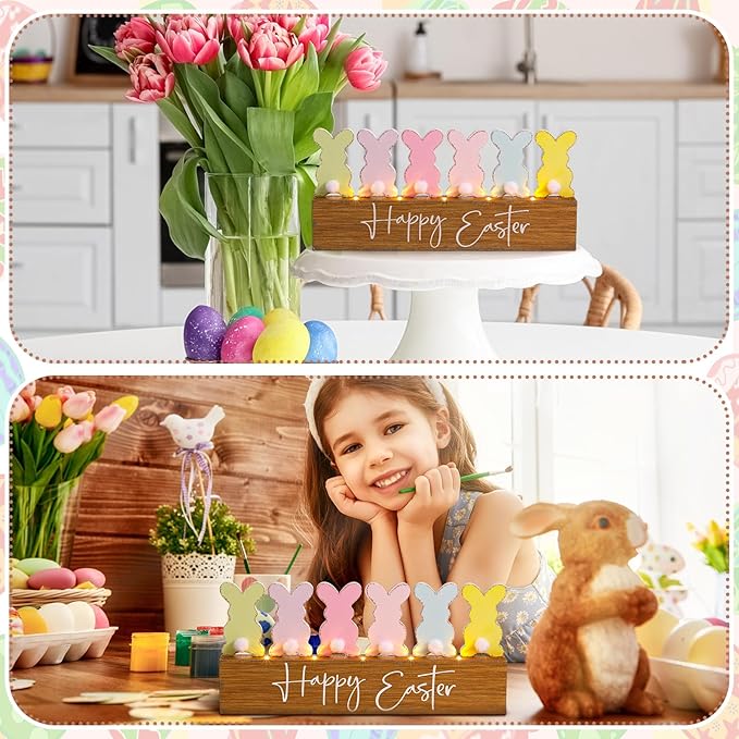 Yousoontic Easter Decorations Wooden Bunny Table Decor with LED Lights, Lighted Bunny Butt Centerpiece, 3D Farmhouse Easter Rabbit Sign for Mantel, Tiered Tray, Home Desk, Office, Spring Party
