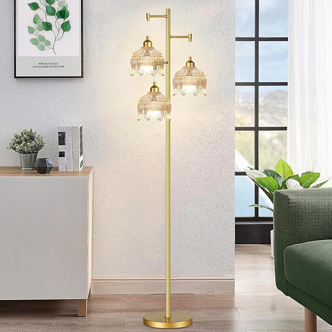 Gold Floor Lamps for Living Room 3 Lights Floor Lamp with Glass Lampshape & Three Led Bulb,Mid Century Standing Lamp Vintage Brass Tall Lamp Tree Floor Lamp for Bedroom Corner