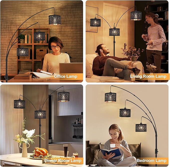 Dimmable Floor Lamp-3 Lights Arc Floor Lamps for Living Room,Modern Tall Standing Lamp With Black Drum Hollow-carved Design Shades,Gothic Mid Century Tree Floor Lamp for Bedroom Corner,Bulbs Included