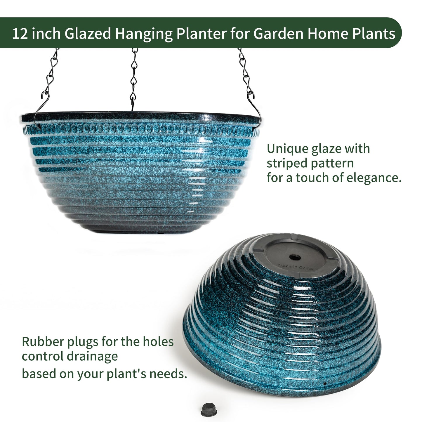 Vanslogreen 12 inch Hanging Planters for Indoor Outdoor Plants, 2 Pack Large Hanging Flower Pots with Drainage Holes and Chain, Glazed Hanging Baskets for Home Garden Decoration, Blue