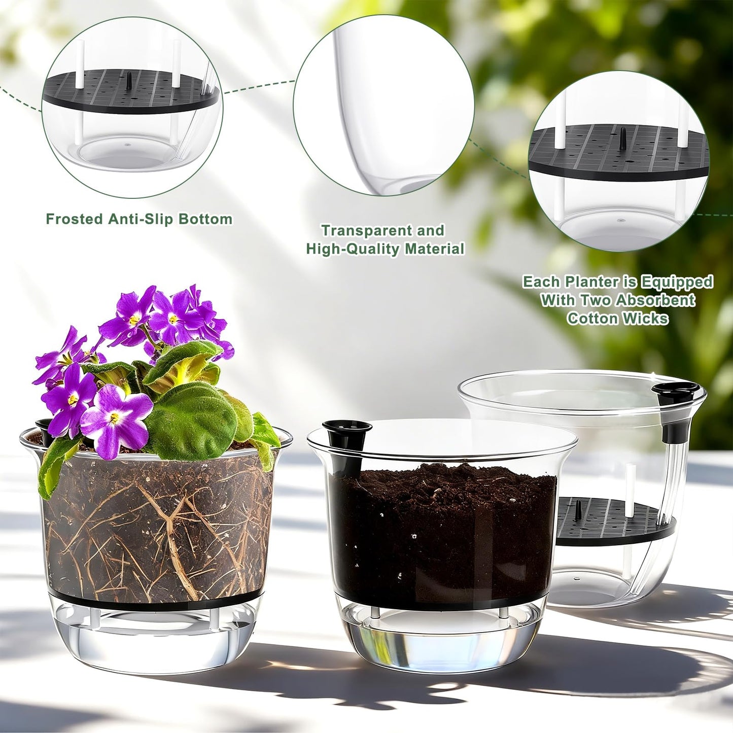 Ferrochef 6 Pcs Clear Self Watering Pots for Indoor Outdoor Plants Flowers, 4 Inch Self Watering Planters with Reservoir, Drainage Hole and Absorbent Cotton Rope