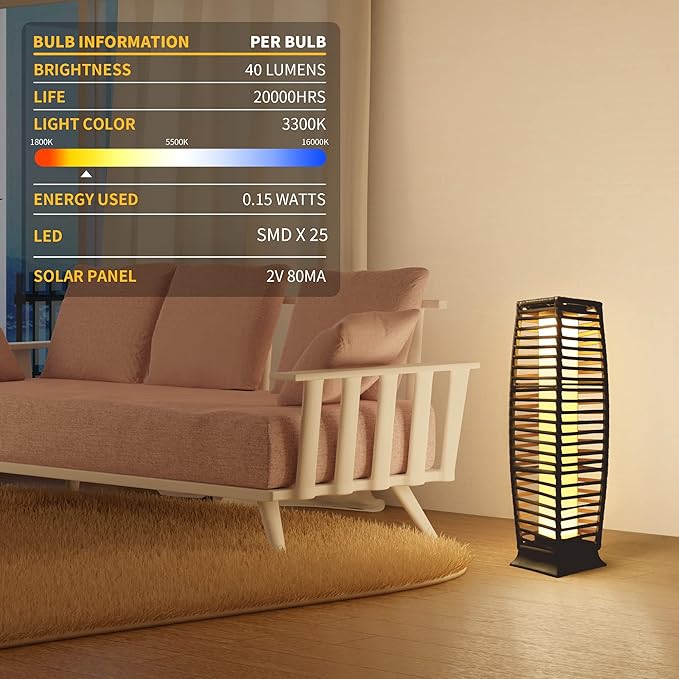 Solar Floor Lamp, Outdoor Floor Lamp, Solar Lanterns Waterproof, Solar Powered Resin Wicker Outdoor Lamp, Weather-Resistant Rattan Deck Light for Porch, Garden, Patio, Deck