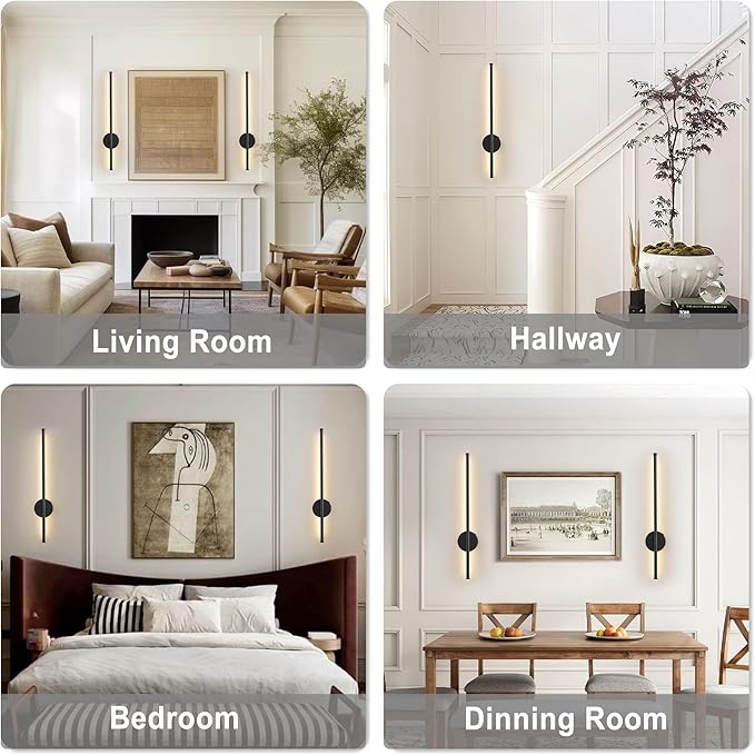 Motion Sensor Battery Operated Wall Sconce Set of Two - Modern Rechargeable Wireless Wall Lights with Remote Control, Dimmable, 3000K/4000K/6000K, Timer for Living Room, Hallway, 23.6 Inch, Black
