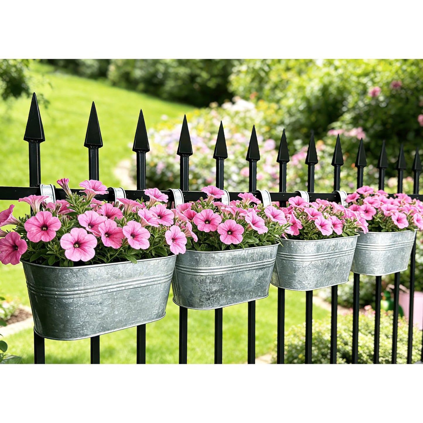 Joyfernal Balcony Galvanized Hanging Planters Railing Flower Pots, Outdoor Metal Fence Planter Pot with Detachable Hooks Drain Hole for Garden Patio Yard Decor (12 Inch, 2Pcs)