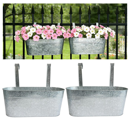 Joyfernal Balcony Galvanized Hanging Planters Railing Flower Pots, Outdoor Metal Fence Planter Pot with Detachable Hooks Drain Hole for Garden Patio Yard Decor (17 Inch, 2Pcs)