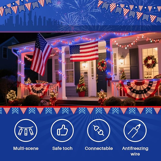LAMPHOME Red White and Blue Patriotic String Lights, 33ft 100 LED Fairy Lights Plug in, 16 Modes Red White Blue 4th of July Lights Outdoor for Independence Day Memorial Day Patriotic Window Decor