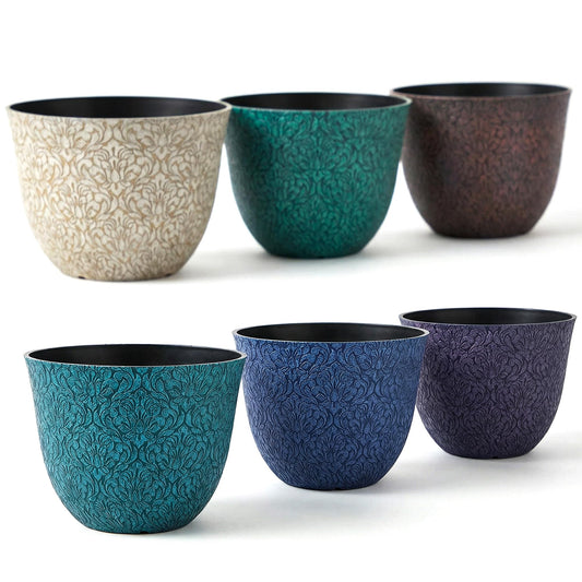 Worth Garden Plastic Round 8" Plant Pots for Indoor Plants - Set of 6 Multicolor Small Flower Pots W/Drainage Hole and Rubber Plug - Home Christmas Decorative planters Retro Floral Pattern