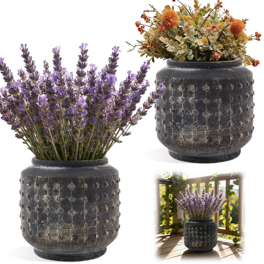 FillTouch 2 Pcs Rustic Hobnail Planter Pot, 7.5" Indoor Outdoor Cement Fiber Flower Pot, Decorative Farmhouse Container for Succulent, Flower & Herb, Vintage Brown Vase for Patio, Balcony Home Decor