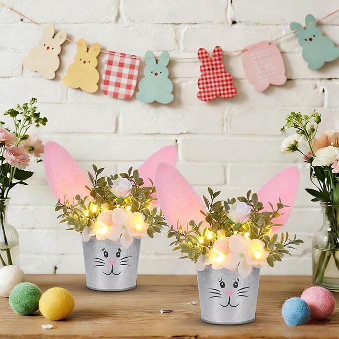 Prsildan 2 Pcs Easter Table Decorations Artificial Flower with Bunny Ear, Lighted Desk Decor Bunny Flowers, Easter Tabletop Decorations for Home Table Mantle Office Spring Party
