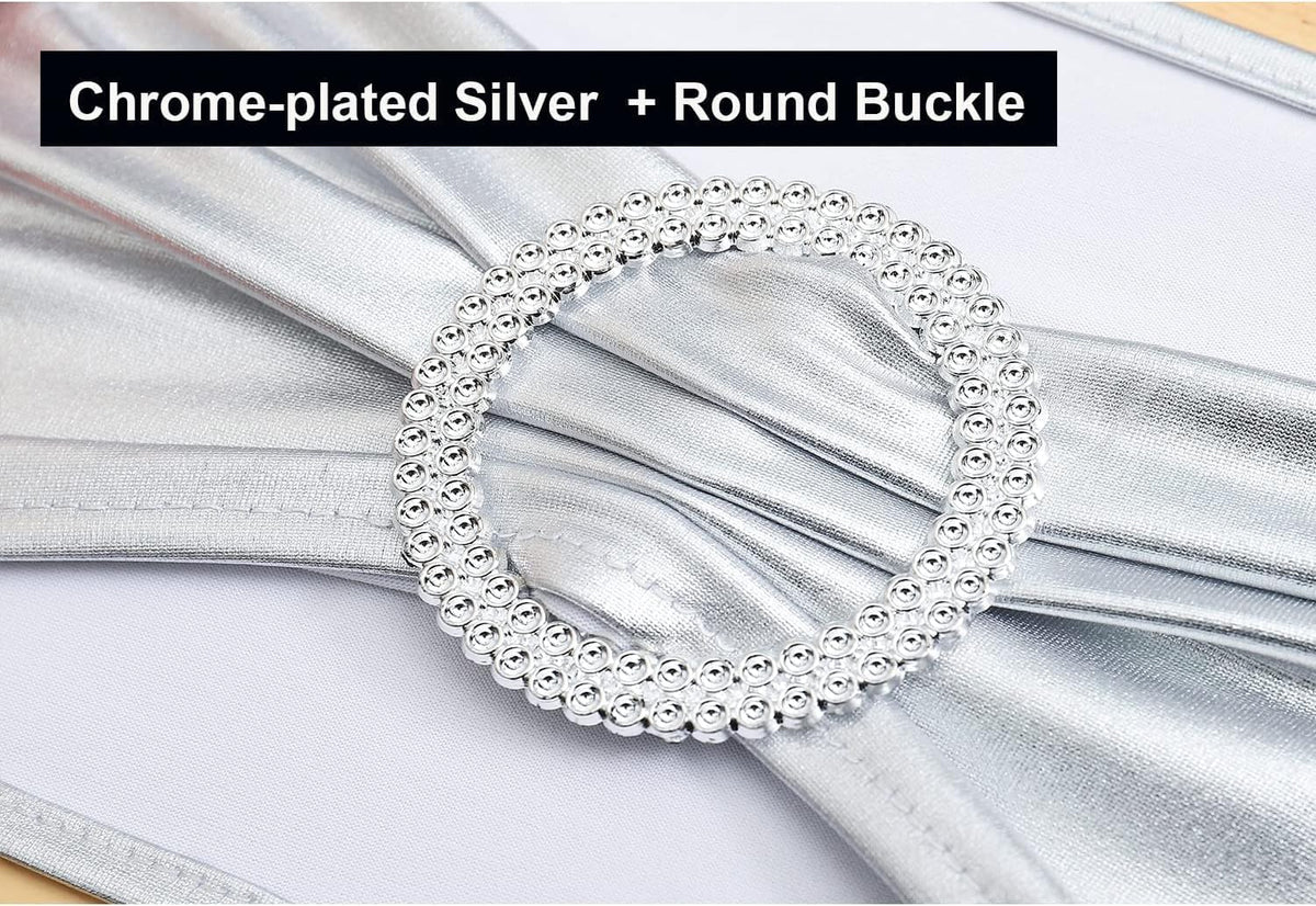MDS Spandex Foil Chair Sashes - Universal Fit Elastic Stretch Bands with Buckle for Weddings | Metallic Silver, Pack of 150