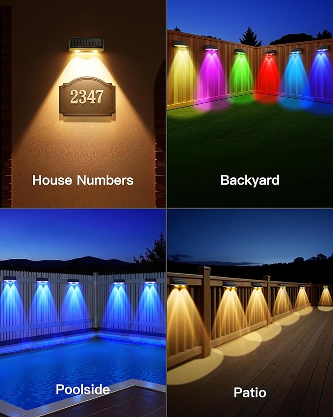 Solar Fence Lights Outdoor, 6 Pack IP65 Waterproof Fence Lights Solar Powered with Ultra-Bright LED Lens, 9 Color Modes, 12+ Hours Steady Glow for Deck/Backyard/Patio/Pool/Wall - Black