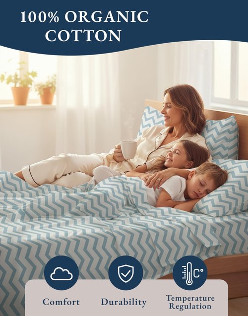 LANE LINEN 100% Organic Cotton Printed California King Sheets Set, 4-Piece All Seaons Soft & Comfy Mercerized Fully Elasticized Naturally Temperature Regulating Printed Cotton Cal King Sheets -Chevron