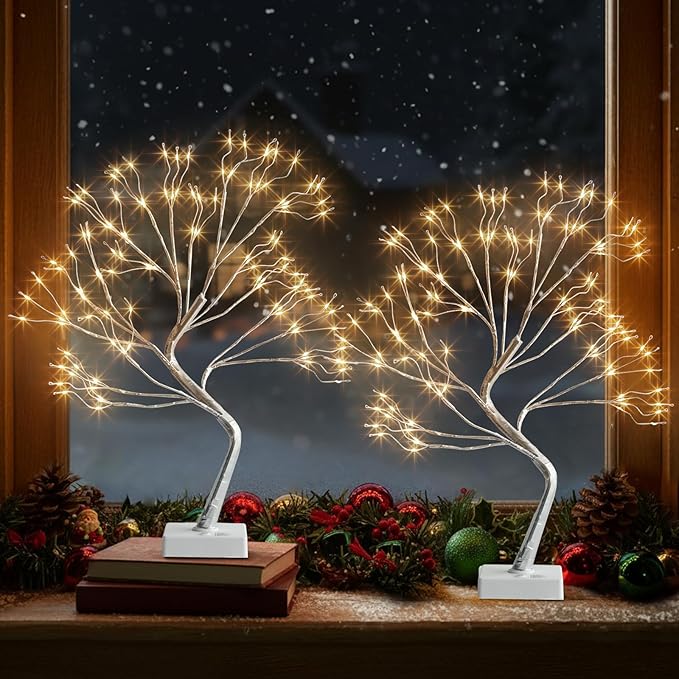 EAMBRITE Fairy Light Tree, 108 Led Light up Trees Decor Indoor, 8 Modes Fairy Light Spirit Tree for Christmas Decorations, USB& Battery Tabletop Bonsai Tree for Home Bedroom Decorations (2 PK, Sliver)