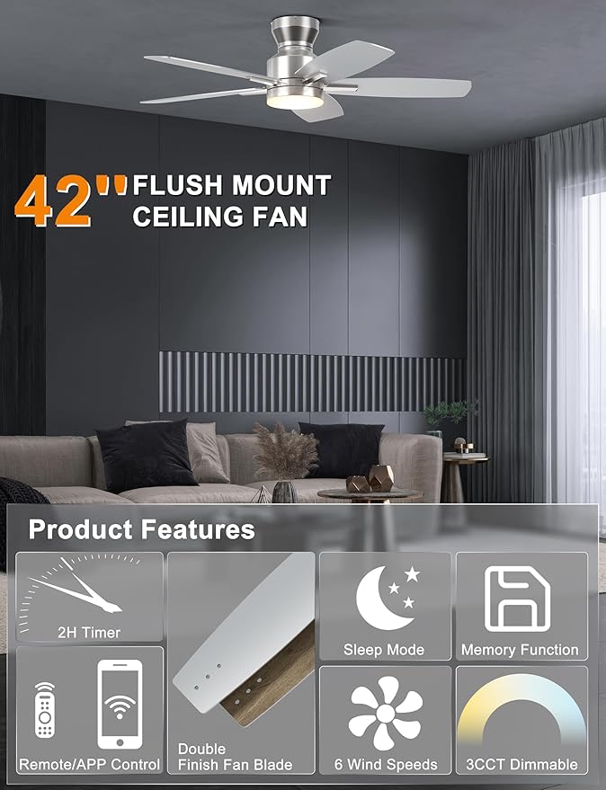 Ohniyou Ceiling Fans with Lights, 42'' Low Profile Ceiling Fan with Light and Remote/APP Control, Modern Flush Mount Ceiling Fan for Indoor Bedroom Kitchen, Dimmable, Qiuet DC Motor, Silver
