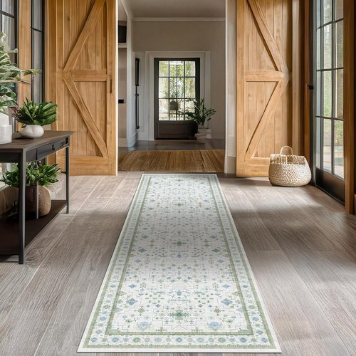 Hazo Haus Oushak Runner Rug - Floral Pastel Boho Design, Washable Low Pile, 2x10 ft - Cream, Blue & Green