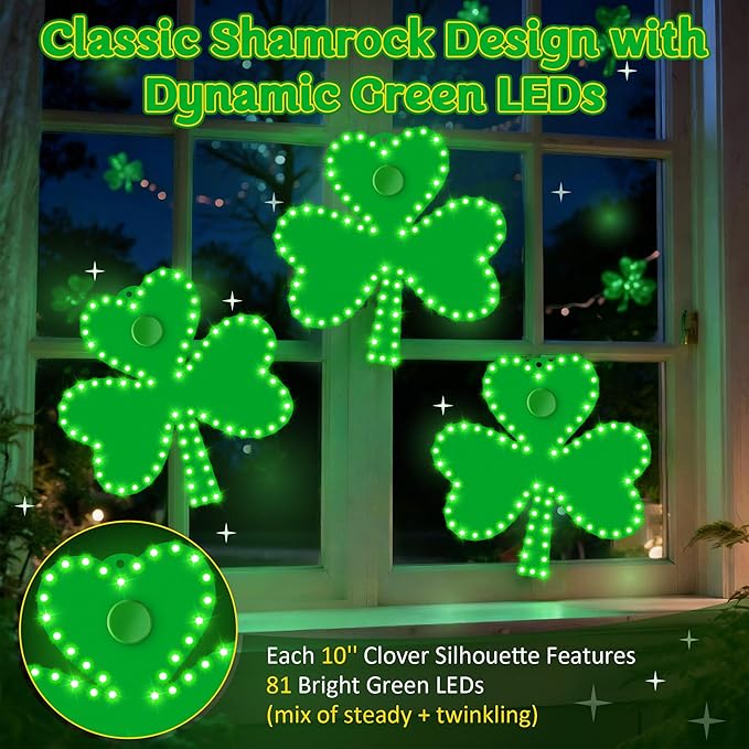 3 Pack 10" St Patricks Day Classics Twinkling LED Shamrock, Hi-Vibrant Aluminum Frame Green Irish Clover Window Silhouette LED Lights, Holiday Waterproof Indoor Outdoor Decoration