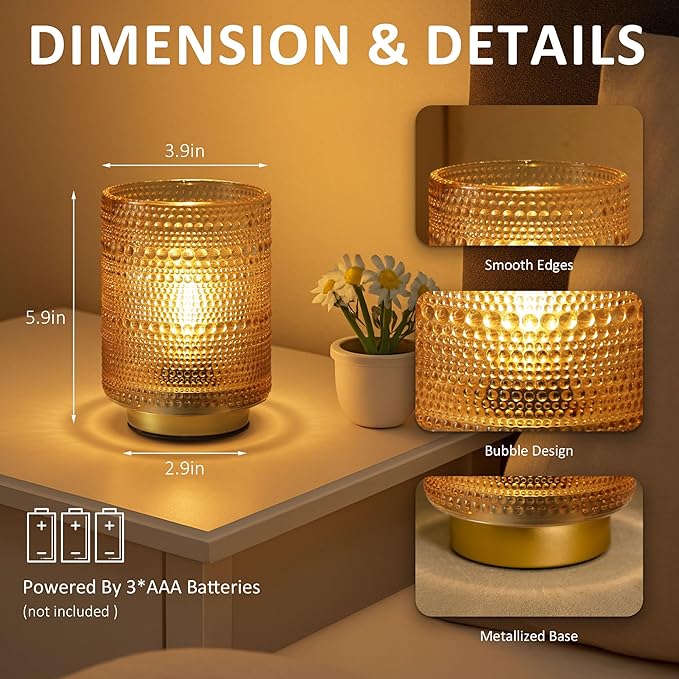 2 Pack Battery Operated Decorative Aesthetic Lamp with Timer for Bedside,Small Cordless Table Lamps with LED Warm Bulb for Bookshelf/Entryway/Nightstand/Dorm/Coffee Table/Office Cubicle Decor(Golden)