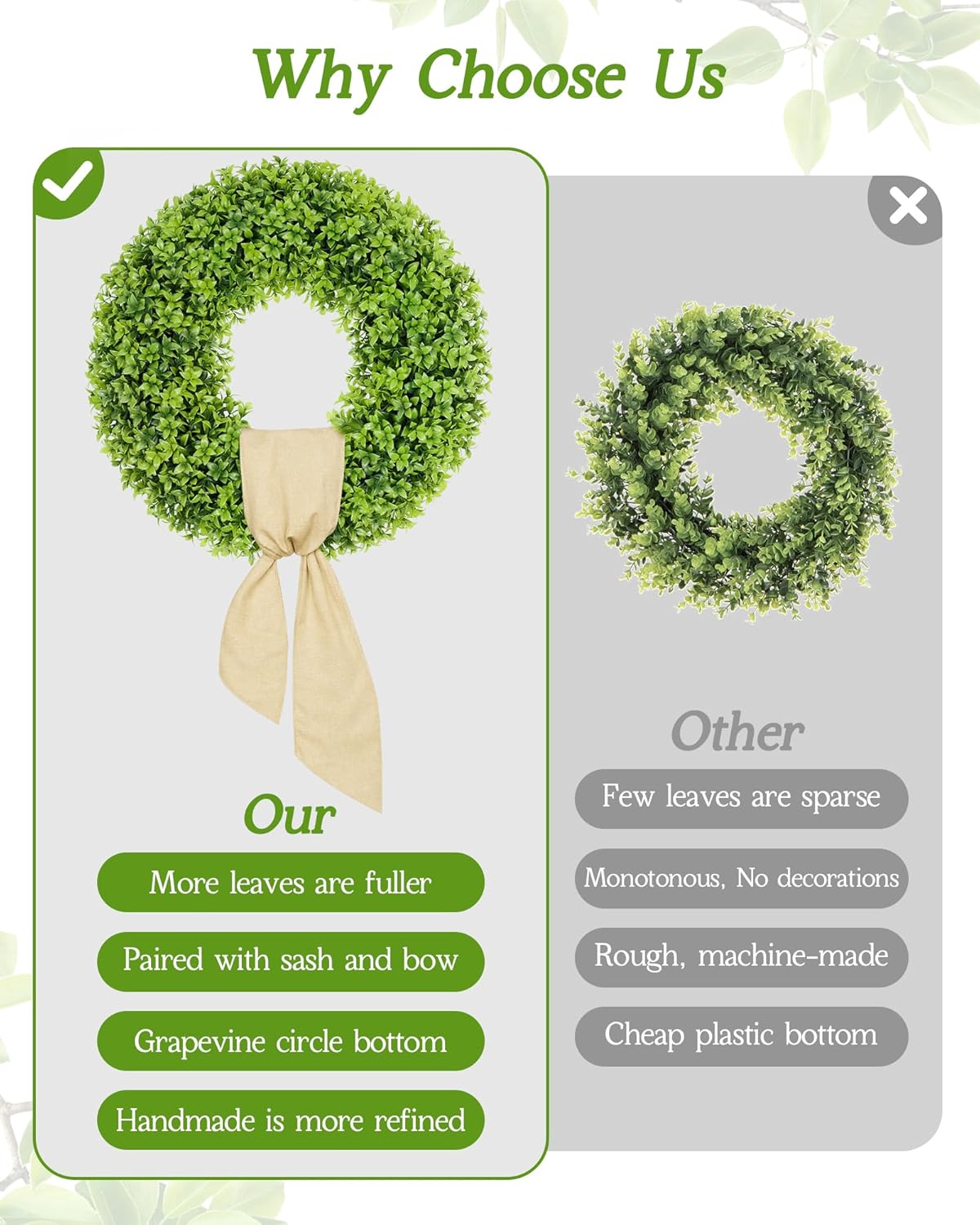 Vlorart 23-Inch Large Boxwood Door Wreath - All-Season Artificial Greenery with Sash & Bow | Perfect for Indoor & Outdoor Decor