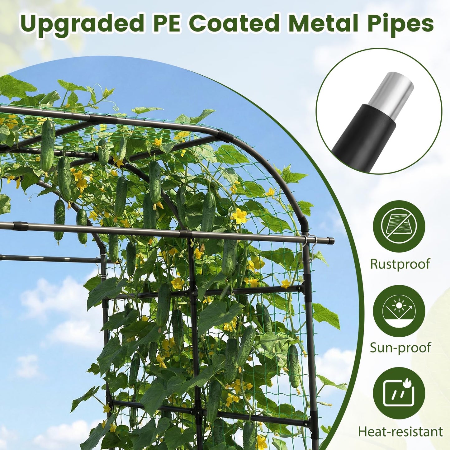 Happygrill Metal Garden Arch Trellis for Climbing Plants, 8 FT Extra Wide U-Shape Cucumber Trellis for Raised Bed, Heavy-Duty Metal Plant Support for Vegetables Flowers Grape Vines