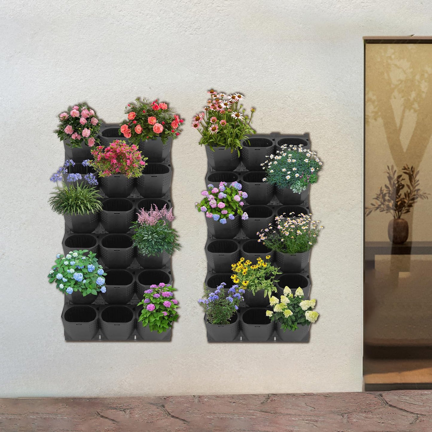 LYNICESHOP 36-Pot Vertical Wall Planter, Army Green PP Modular Hanging Garden System, Self-Watering Indoor Outdoor Flower Herb Vegetable Display for Balcony Patio Cafe (Black)