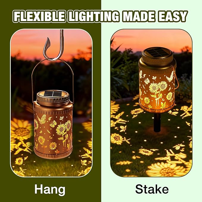 Cooo 2 Pack Solar Lanterns Outdoor Waterproof Sunflower Butterfly Solar Pathway Lights Landscape Path Christmas Gifts for Women Mom Grandma for Outdoor Table Lamps Garden Yard Backyard Decor -Gold