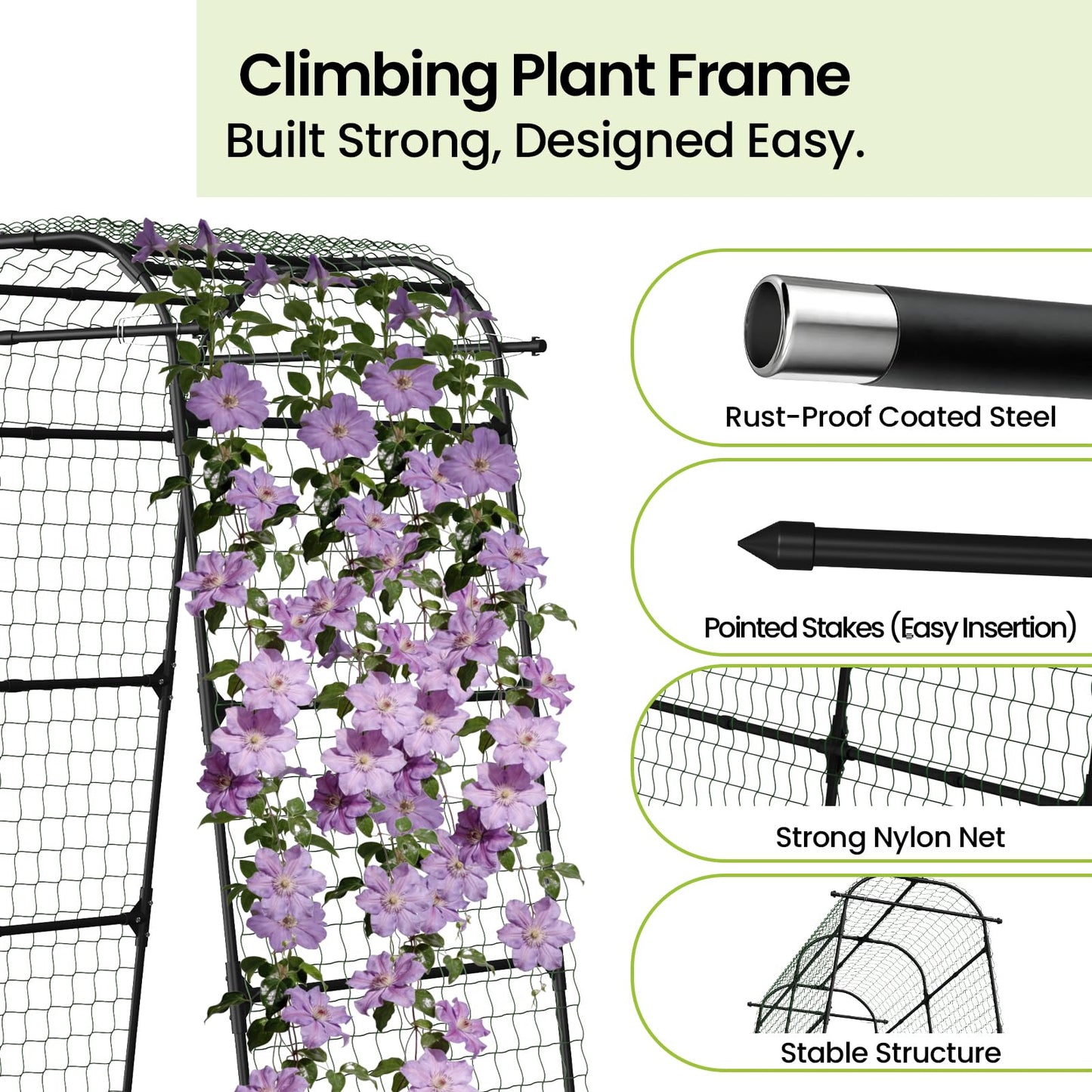 Garden Arch Trellis 83" H x 49" L x 31.5" W Heavy-Duty Plant Support with Nylon Netting & 100 Leaf Ties – Reusable Climbing Trellis for Tomatoes, Cucumbers, Beans & Flowers