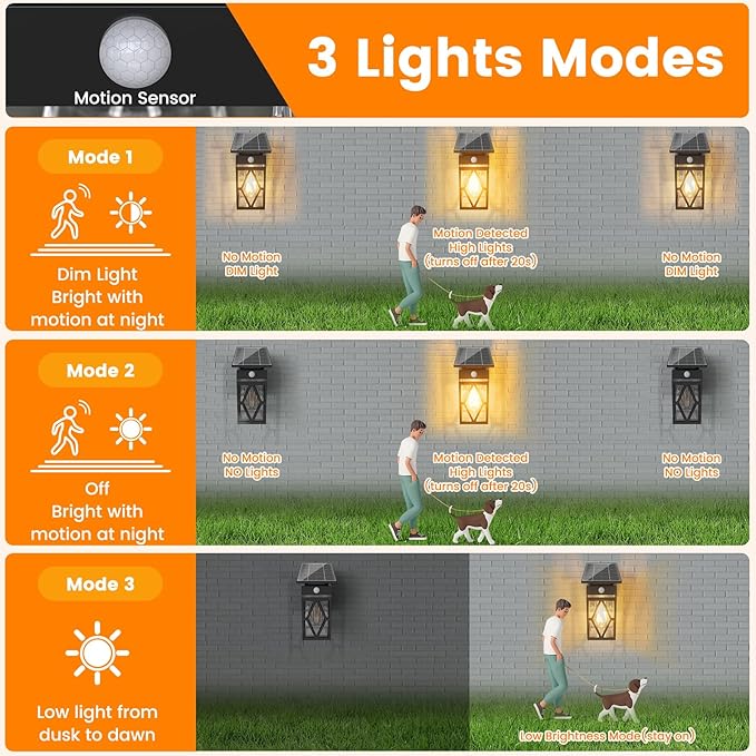 Solar Porch Lights Outdoor, Dusk to Dawn & Motion Sensor Solar Wall Light with Lantern Shape, 3 Modes IP65 Waterproof, E26 Bulb Exterior Sconce for Front Porch, Garage, Patio Security