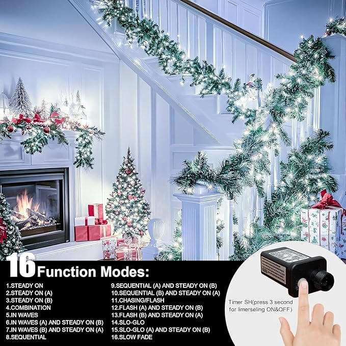 LAMPHOME 33ft Christmas Decorative Mini Lights, 100 LED Transparent Wire Fairy Starry String Lights Plug in, 16 Lighting Modes, for Indoor Outdoor Xmas Tree Wedding Party Decoration (White)