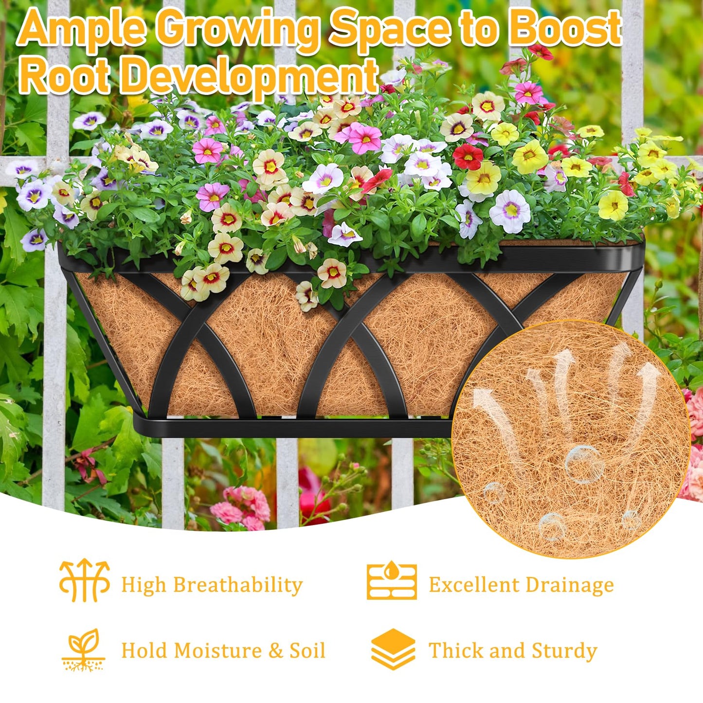 Riare 4 Pack 16 Inch Metal Railing Planter Window Box with Coco Liner- Adjustable Window Flower Boxes for Railings, Hanging Rail Planters for Deck, Balcony, Porch, Fence, Indoor Outdoor Plants