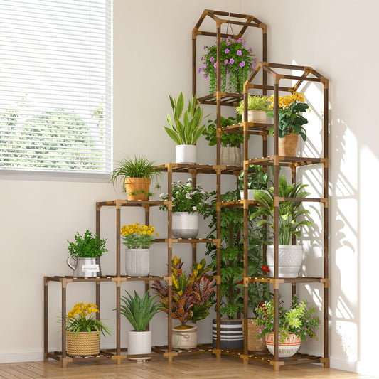 EnHomee 73.6" H Plant Stand Indoor Outdoor Tall Plant Shelf for 17-23 Pots Corner Tiered Plant Stands for Multiple Plants Wood Hanging Plants Holder for Garden Balcony Patio Window Porch
