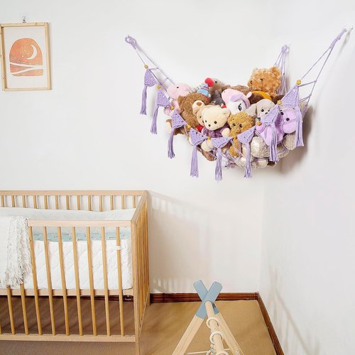 Amdermi Boho Nursery Stuffed Animal Net or Hammock Plush Toy Storage Net Kid's Playroom Hanging Organizer Stuffed Animal Display Plushes Holder for Teddy Net Corner Hanging Net Purple