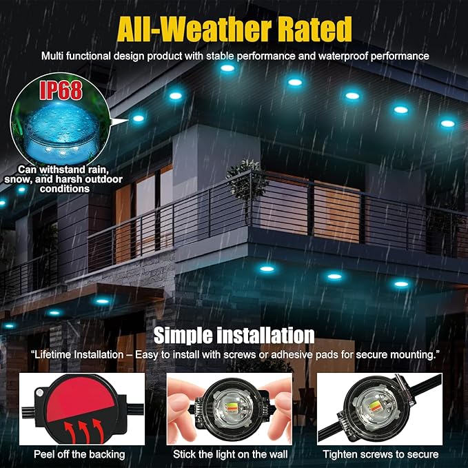 50FT Permanent Outdoor Lights, Waterproof 2-in-1 Eaves & Ground Stakes LED String Lights with App/Remote Control for House, Garden– Smart Color-Changing Lighting for Halloween Christmas Decorations