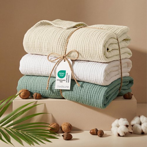 Bedsure 100% Cotton Muslin Blankets for Adults Large Throw 50x70 Inches - 4-Layer Breathable and Lightweight, Soft Boho Gauze Muslin Cotton Blanket for Couch Decor Travel Summer, Linen Beige