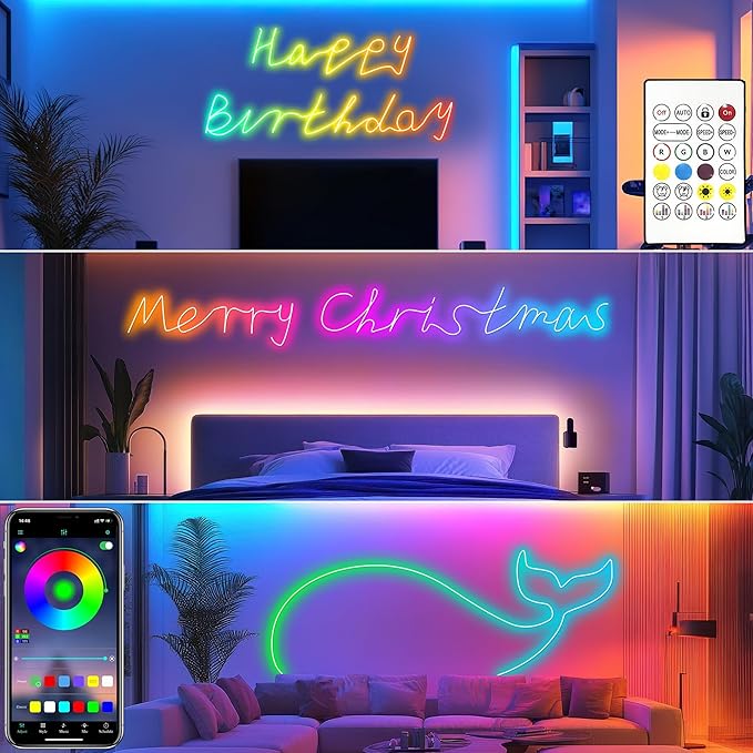 Cozylady 120Ft (60Ft * 2 Rolls) RGB LED Neon Rope Lights for Bedroom, 36m LED Strip Lamp with Double Sided Adhesive Tape, App/Remote Control DIY Lights Decorate The Outdoor and Indoor of Your Home