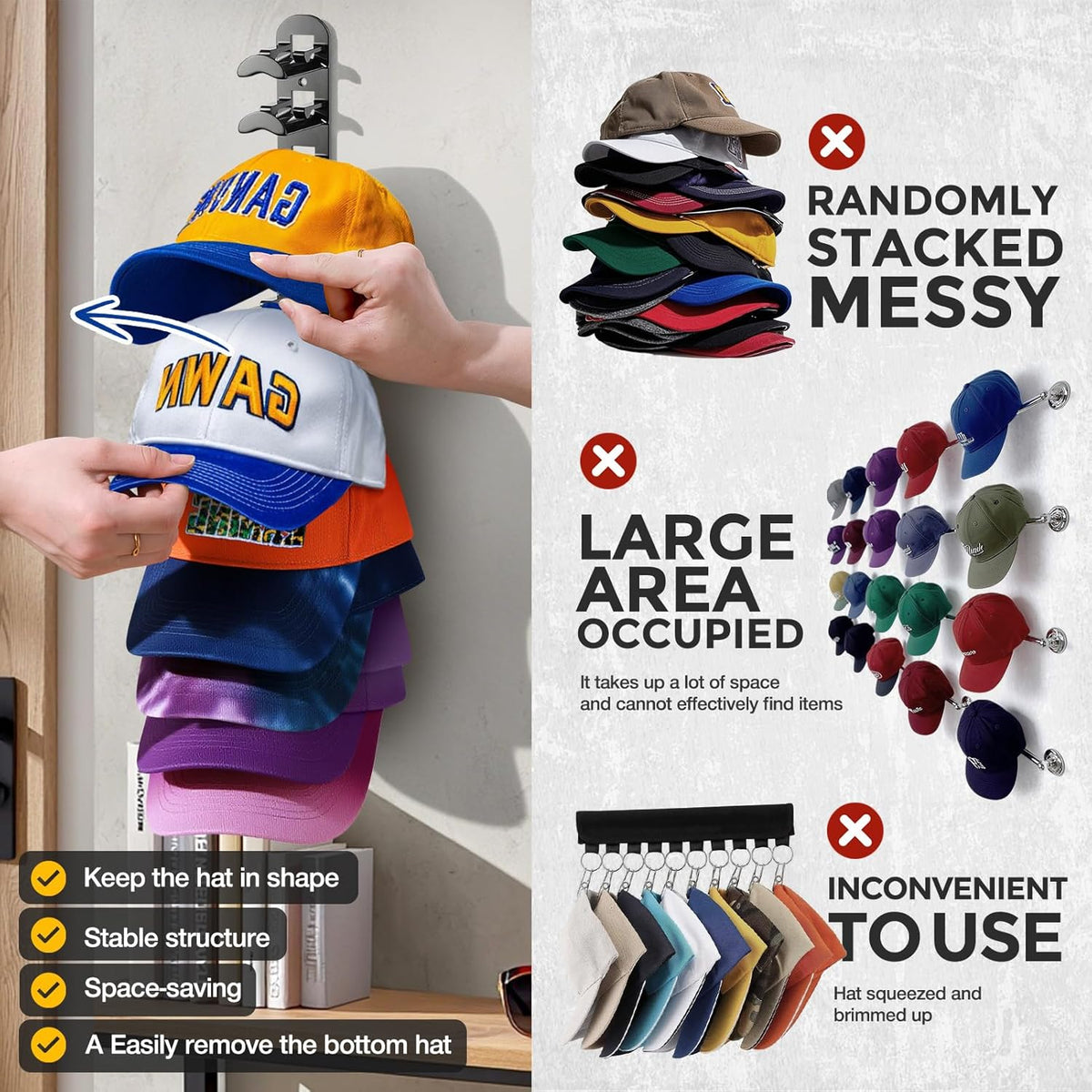 Skiennix Hat Hook Organizer - Holds Up to 20 Hats | Strong Adhesive & Screws Included - Black, 2 Pack