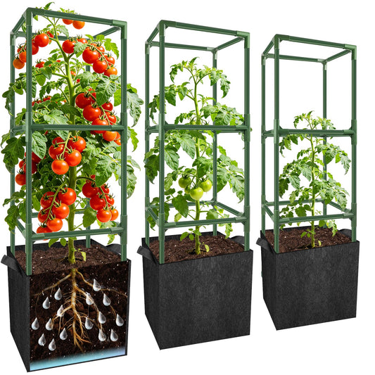3 Set Square Tomato Cages with 18 Gallon Grow Bags, 49'' Tall Heavy Duty Steel Tomato Trellis Kit for Garden, Plant Support Tower Stakes Cucumber Pepper Trellis for Climbing Vegetable Flowers