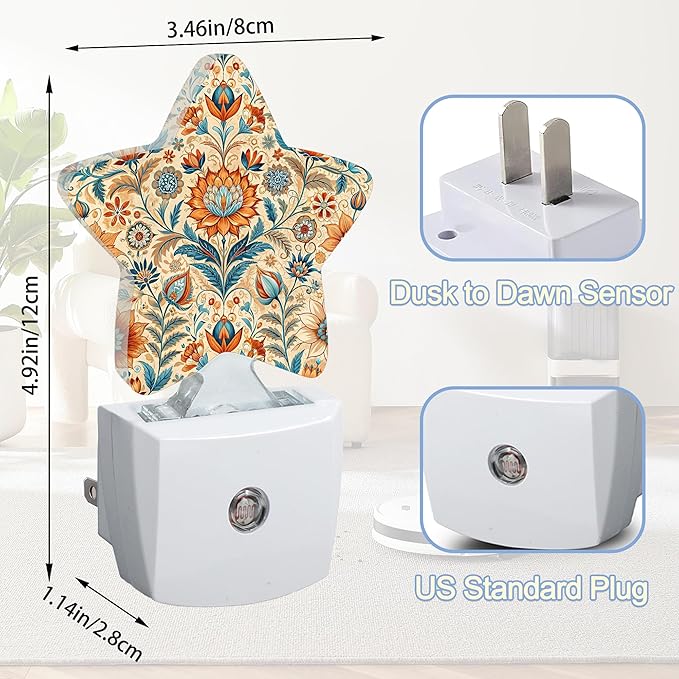 Vintage Floral Paisley Night Light,Retro Flower Plug-in Star Night Lights with Dusk-to-Dawn Sensor for Bedroom,Bathroom,Living Room Sleep Friendly Lamp for Women Girls Boys Gift,0.5W