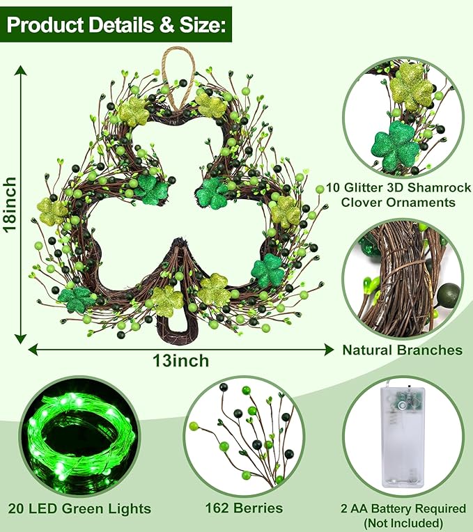 St Patricks Day Decorations, Shamrocks Wreath for Front Door, 20 Green Lights Timer Battery Operated 18 Inch 10 Shamrocks 162 Berries Battery Operated Spring Artificial Wreath St. Patrick's Day Decor