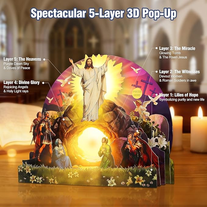 FaCraft Musical Easter Cards Religious, He is Risen Jesus Resurrection 5-Layer Pop Up Card with Light & Music, with Envelope, Plays Hallelujah for Sympathy Baptism Confirmation Get Well Encouragement