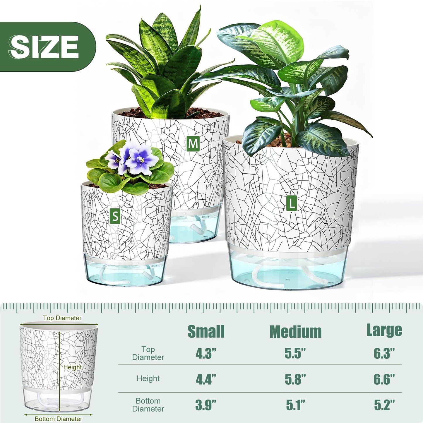Samhe 3 Pack Self Watering Pots for Indoor Plants, 4+5.5+6.3 Inch Self Watering Plant Pots, Flower Pots with Wick Rope and Reservoir - Crack Texture