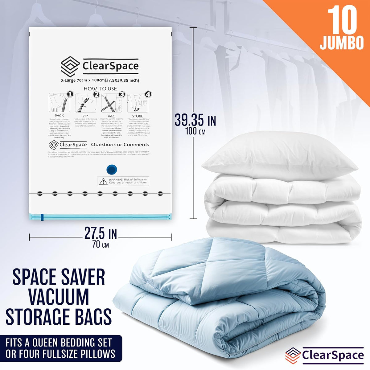 Skiennix Vacuum Seal Bags - Jumbo Space Saver for Clothing & Blankets | Hand Pump Included