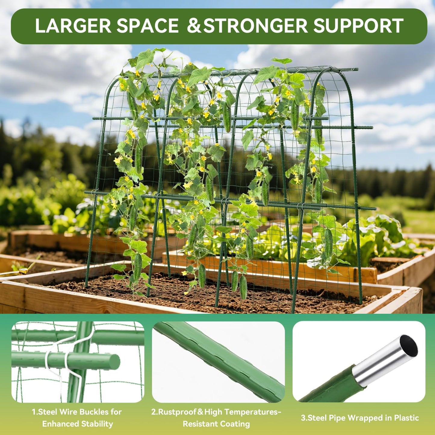 2 Pack 65"×48" Cucumber Trellis for Raised Bed, U-Shape Garden Trellis for Climbing Plants Outdoor, Metal Arch Vegetables Trellis, Detachable Cucumber Plant Support for Tomato,Squash