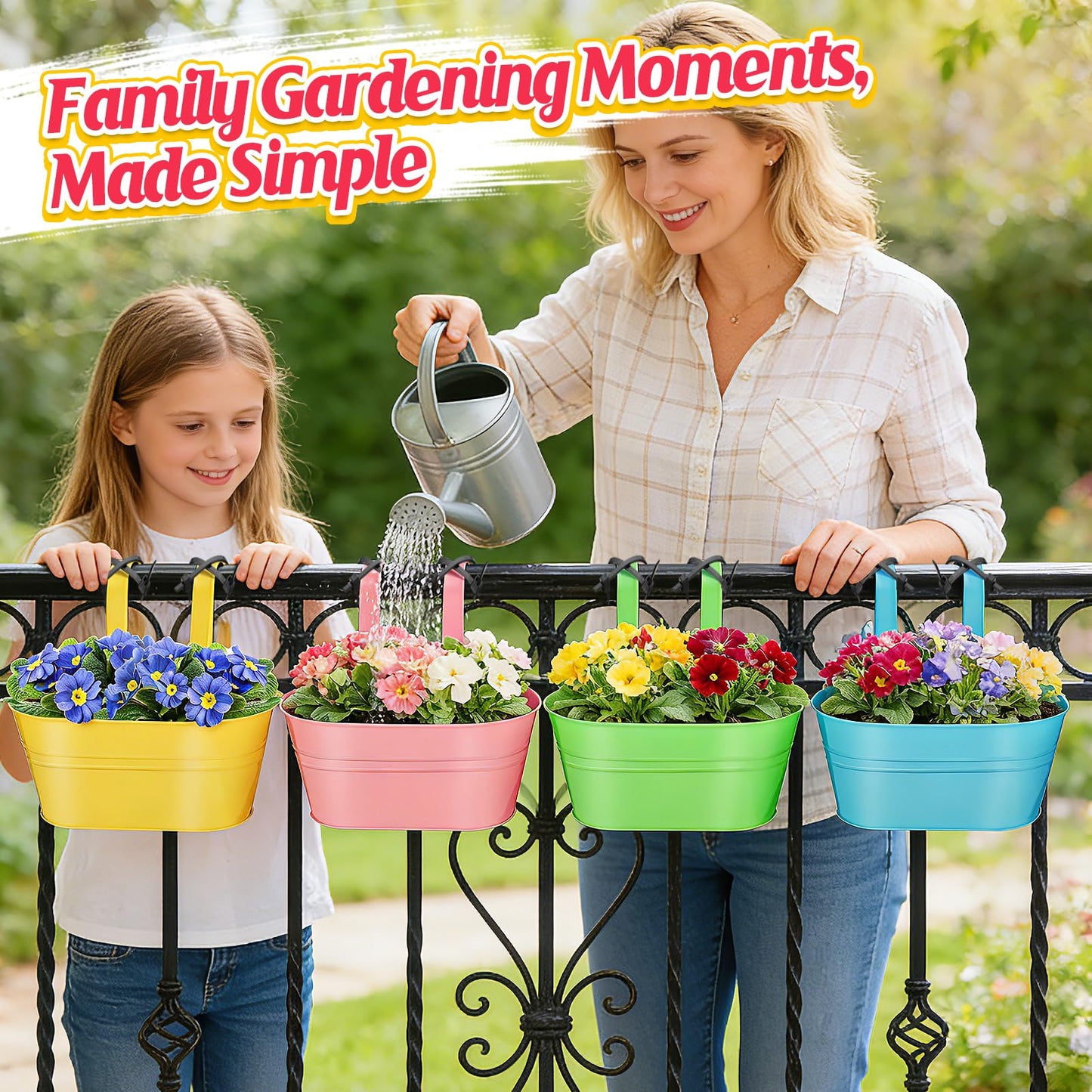 MADHOLLY Railing Planter with Drainage Holes - Sturdy Bucket Pots for Railing Fence, Countryside Style Metal Flower Pots for Herbs Balcony Garden Yard Decor, 4Pcs, Colorful