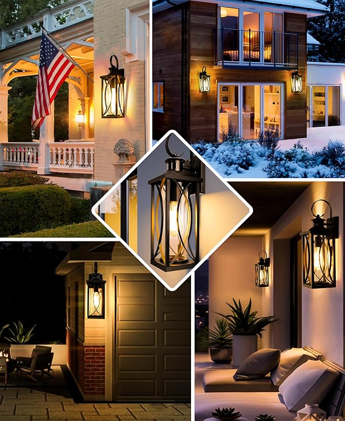 DBF Motion Sensor Outdoor Wall Lights, 2 Pack Outdoor Porch Lights Dusk to Dawn, Anti-Rust Exterior Light Fixture Waterproof with Glass & E26 Socket Wall Sconce for House Garage Patio Doorway, Black