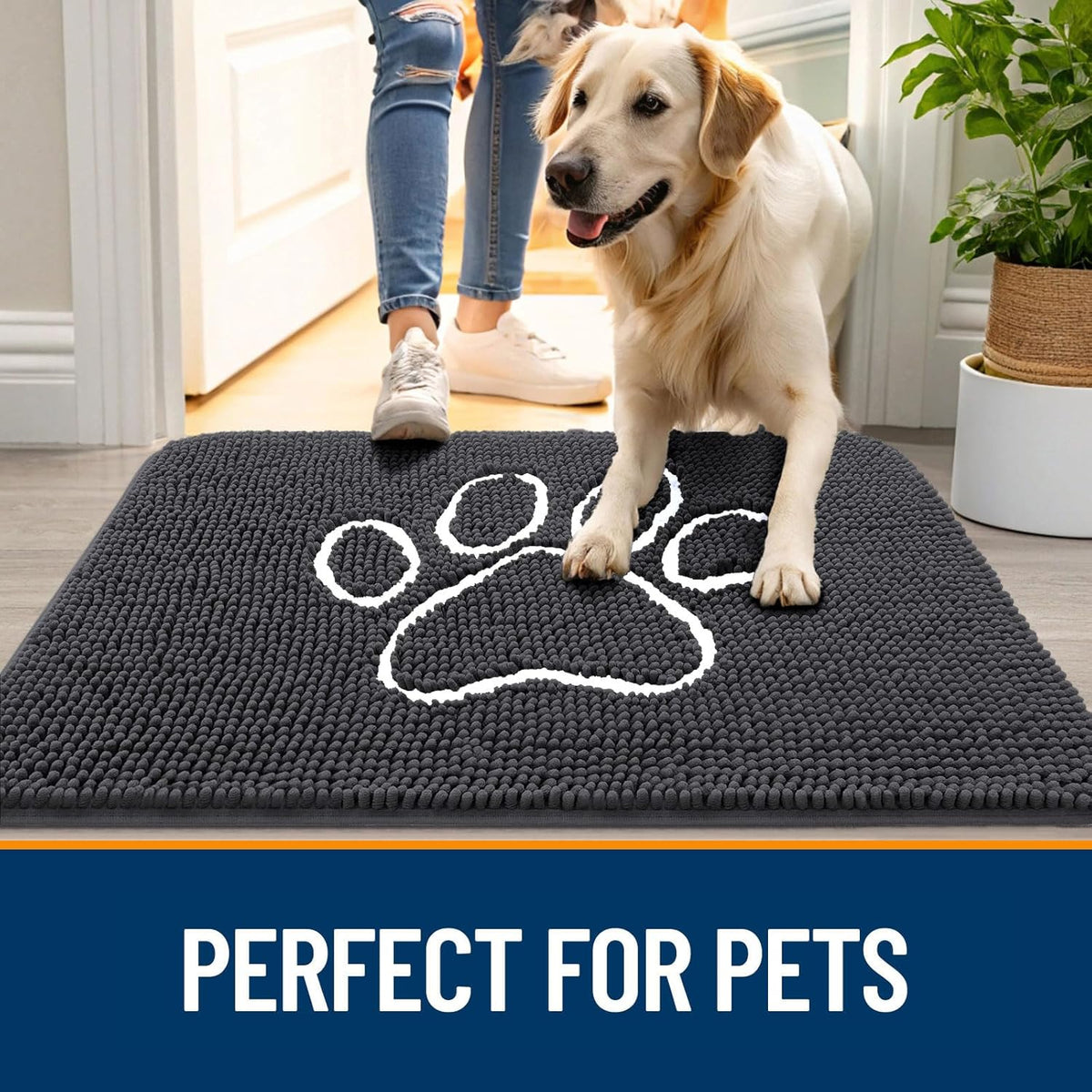 OLANLY Dog Door Mat - Absorbent Non-Slip Mud Mat for Dogs | Paw Print Design, 24x16, Dark Grey