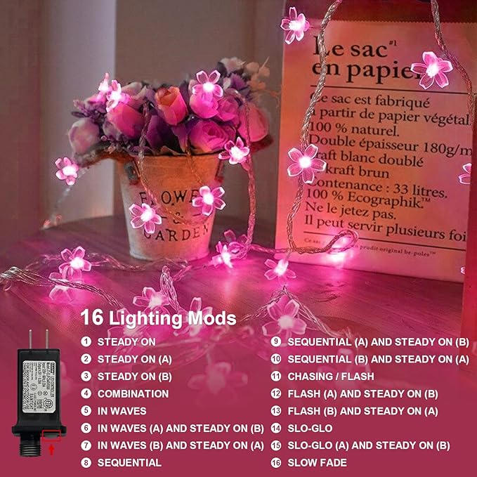 LAMPHOME Pink Flower String Lights, 33ft 100 LED Cherry Blossom Plug in Easter Christmas Tree Hanging Fairy Lamp, 16funstions Garden Bedroom Indoor Decorations for Fence, Wedding Birthday Party