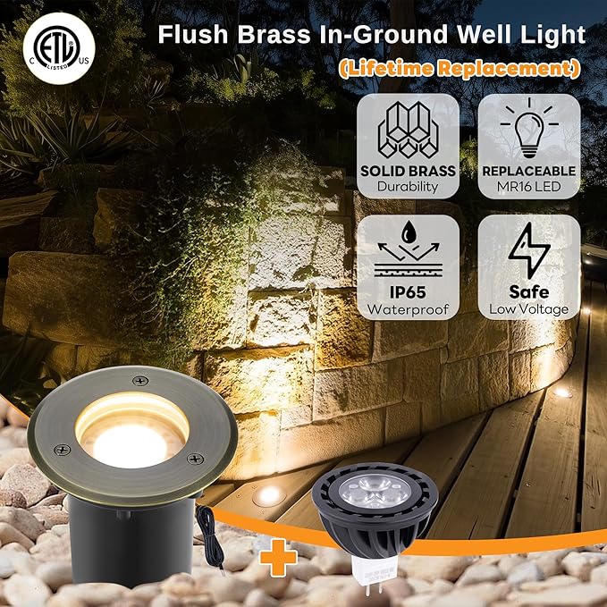 Gardenreet Landscape Well Lights Outdoor - Brass Low Voltage Weatherproof In Ground Lighting, 12V LED Directional Fixture, Antique Bronze for Wall Floor Pathway with 2700K Warm White MR16 Bulb